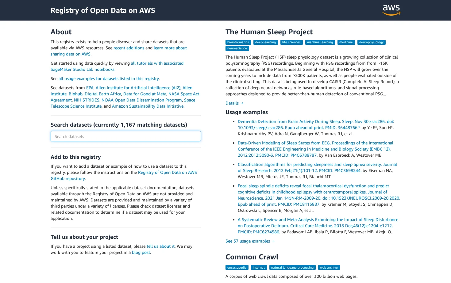 Registry of Open Data on AWS 页面快照
